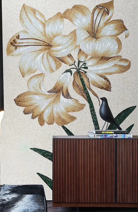 Mural de mosaico de azulejo de vidro feito à mão com imagens de arte agradável de flores